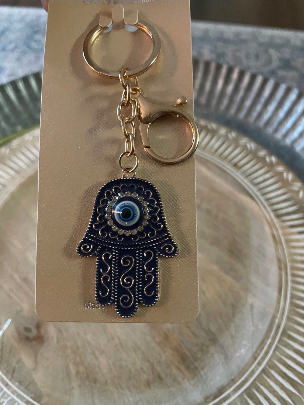 Hamsa Hand Evil Eye Keychain - Blue and Gold - Picture 2 of 2